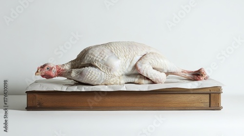 Nude turkey lying on a wooden cutting board on a white background ready for preparation in a kitchen environment for holiday cooking or culinary display photo