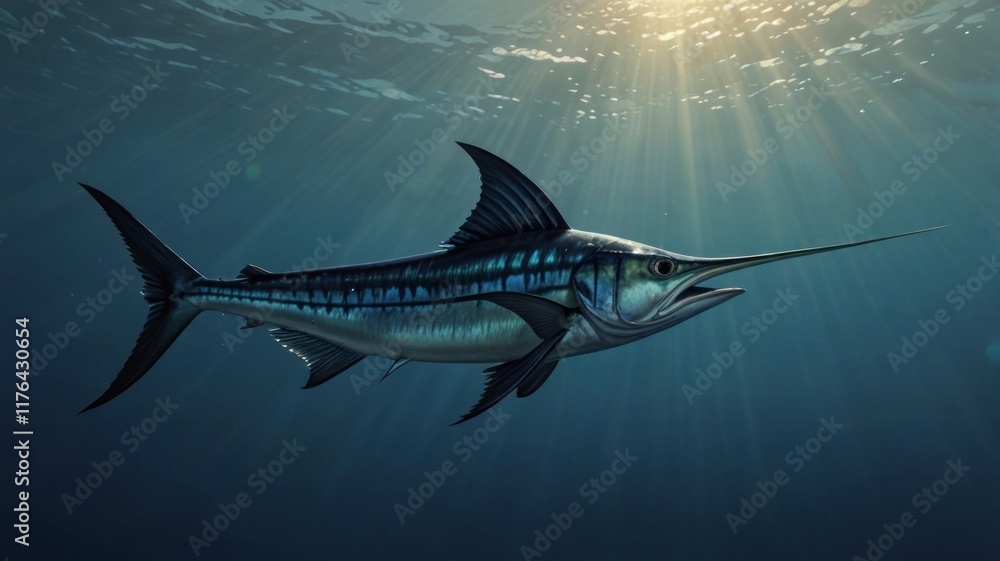 Naklejka premium Majestic marlin fish swimming underwater, sunbeams illuminating the depths.