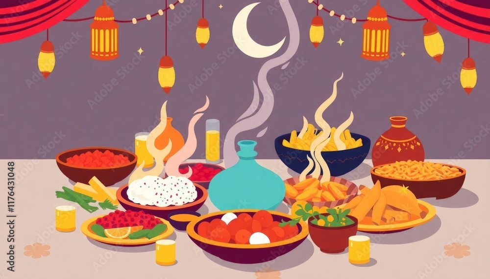 illustration of a menu design. The above food dish is decorated with beautiful lanterns and crescent moons. illustration of a menu design. The above food dish is decorated with beautiful lanterns and crescent moons.