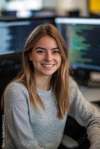 Joyful young woman coder in her office