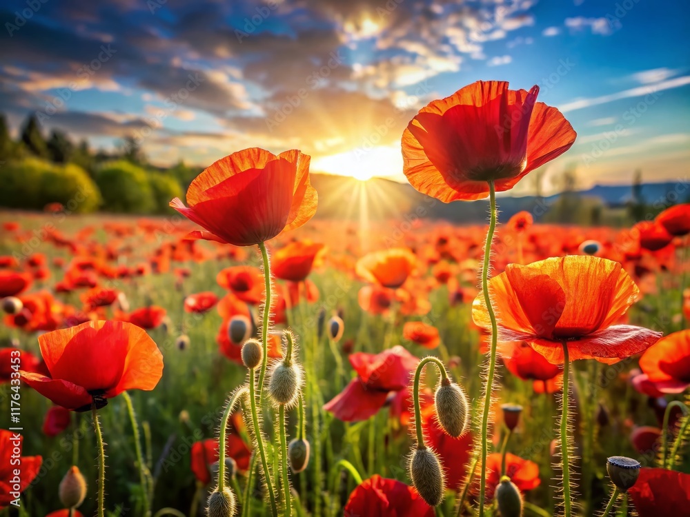 Fototapeta premium Vibrant Poppies Blooming in Summer Sunlight - High-Resolution Field of Flowers Stock Photo