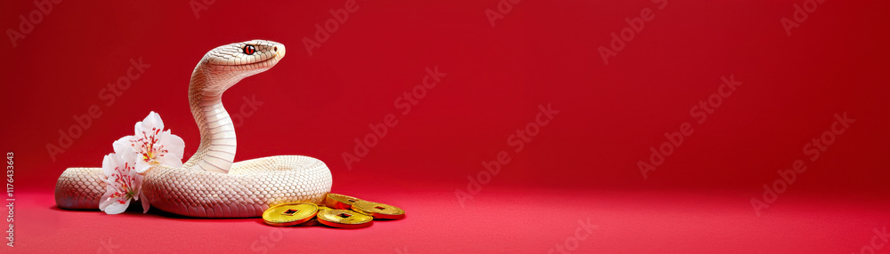 Fototapeta premium Chinese snake symbolism. White snake on a vibrant red background with decorative elements.