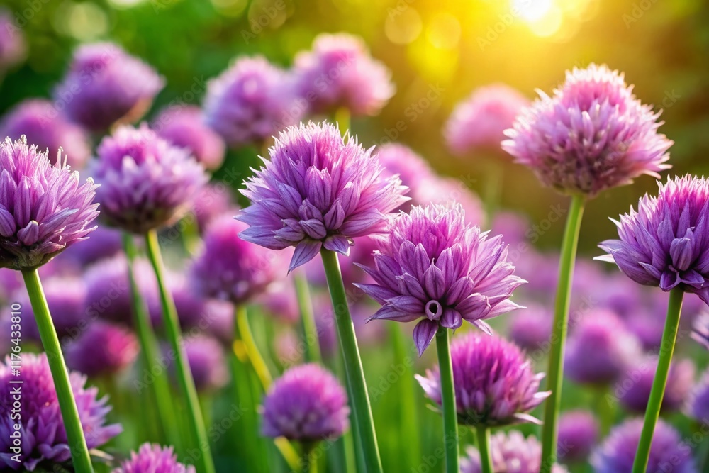 Vibrant Purple Chive Flowers Blooming in Sunny Garden - High-Resolution Stock Photo Vibrant Purple Chive Flowers Blooming in Sunny Garden - High-Resolution Stock Photo