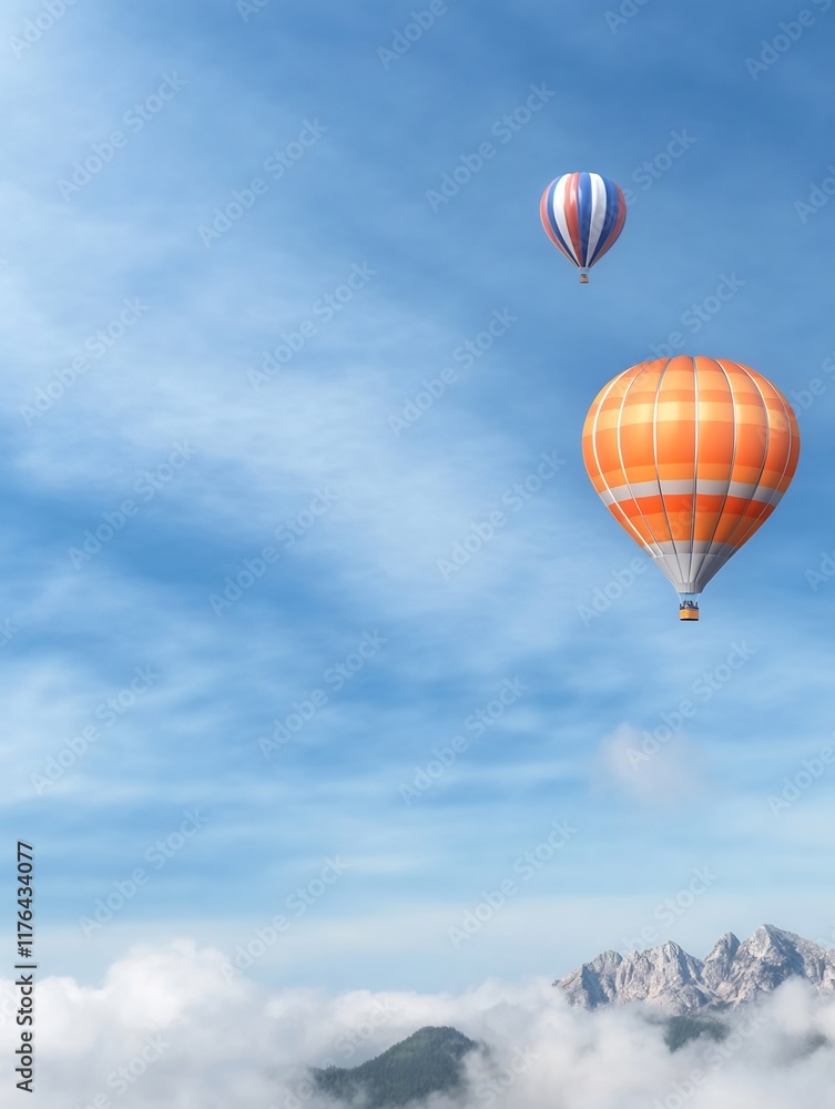 Obraz premium Vibrant Hot Air Balloons Gracefully Soaring Above Misty Mountains: A Stunning Wide Shot Photo. AI Generated