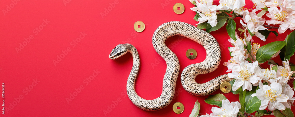 Obraz premium Chinese snake symbolism. Snake on red background with flowers and coins, symbolizing luck and prosperity.