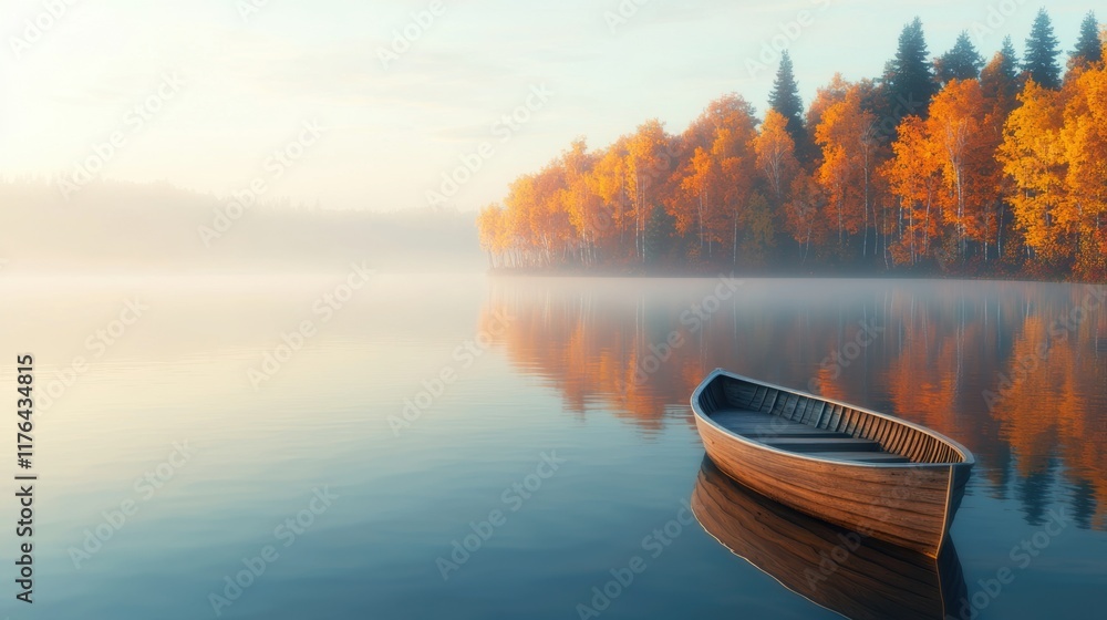 Serene Autumn Landscape with Boat and Misty Lake Reflections Serene Autumn Landscape with Boat and Misty Lake Reflections