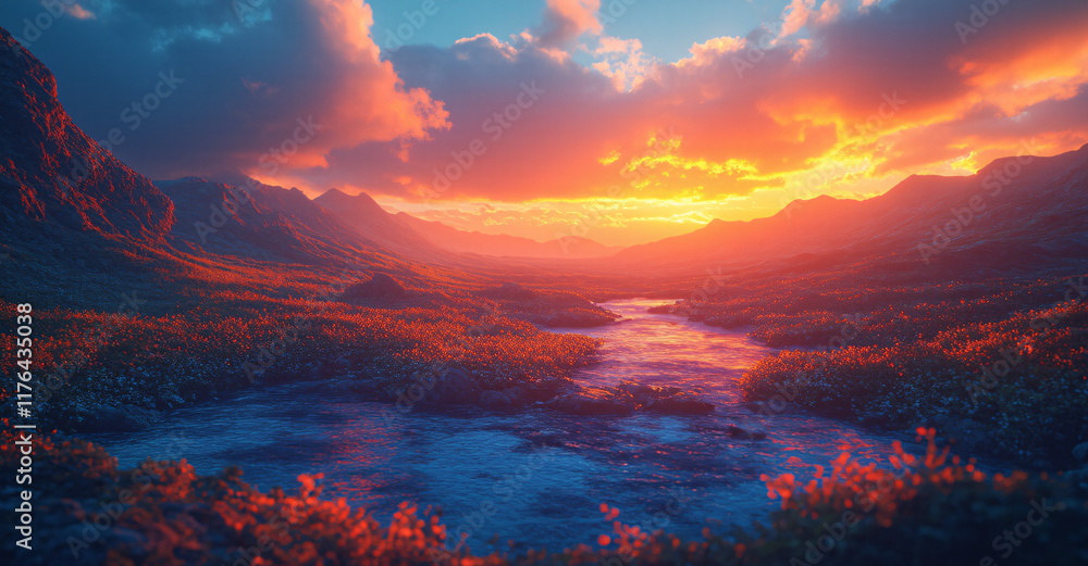 Enchanting Sunset Over Vibrant Fields and Serene Mountain Ranges Enchanting Sunset Over Vibrant Fields and Serene Mountain Ranges