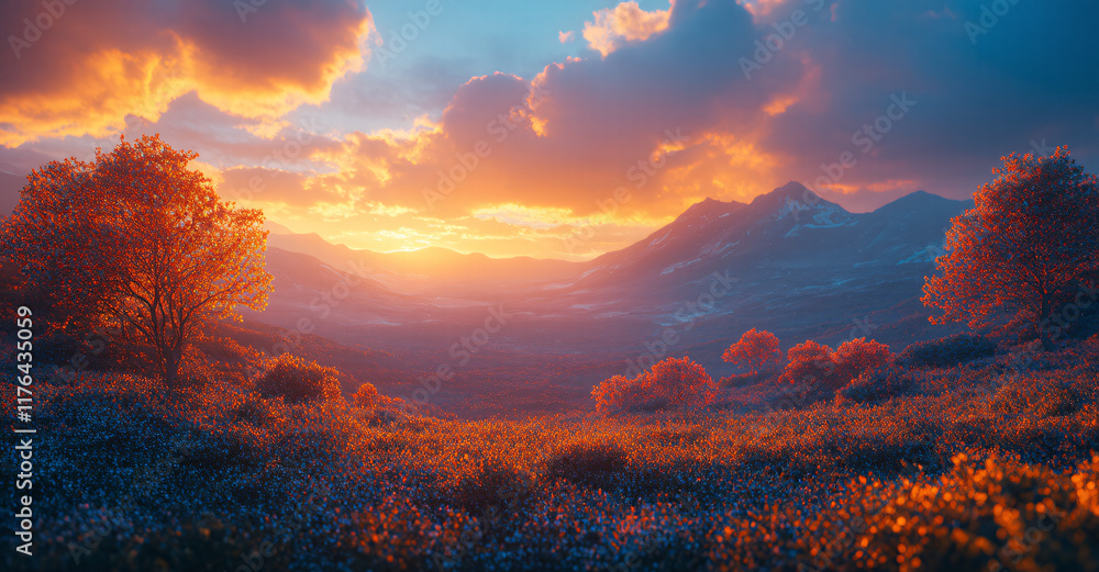 Naklejka premium Enchanting Sunset Over Vibrant Fields and Serene Mountain Ranges