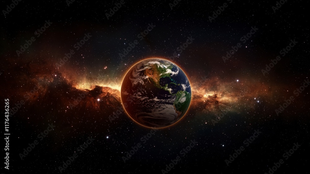 Obraz premium Glowing Earth in Cosmic Nebula Space Stars Galaxy Background