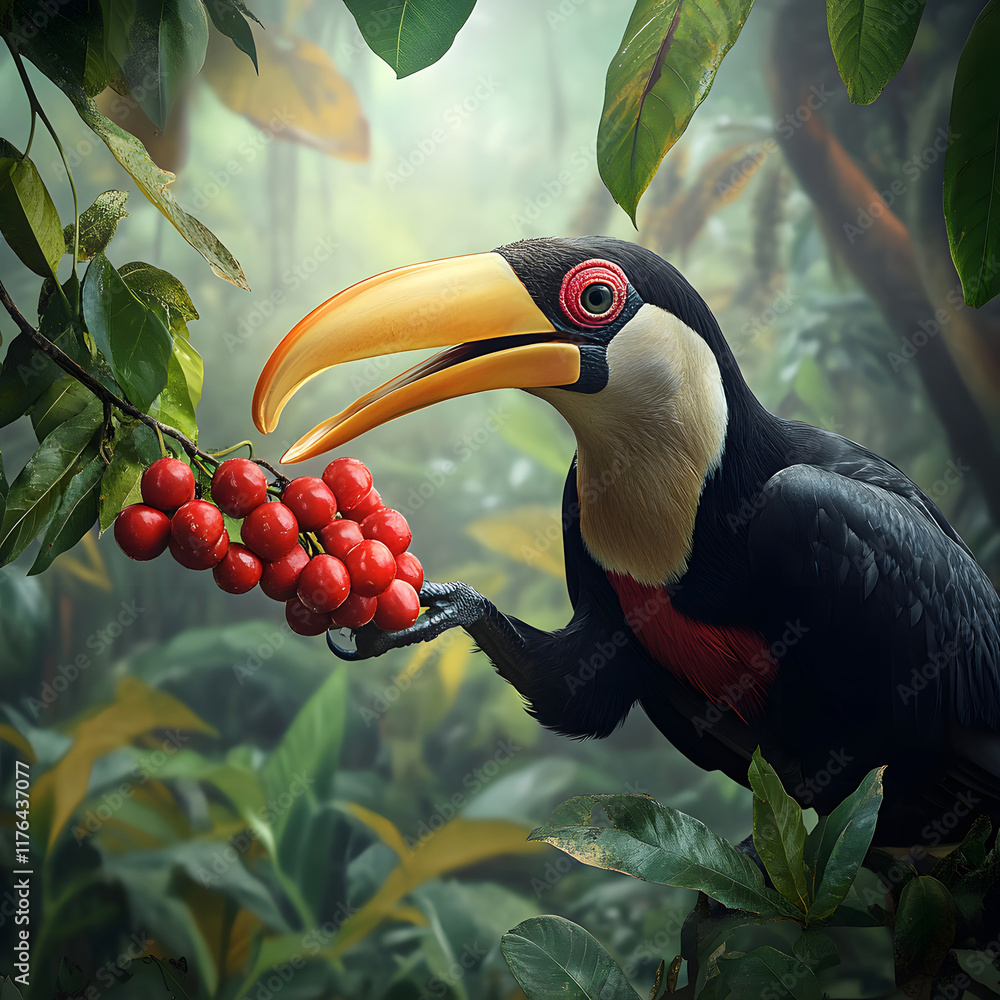 Fototapeta premium toucan reaching red berry