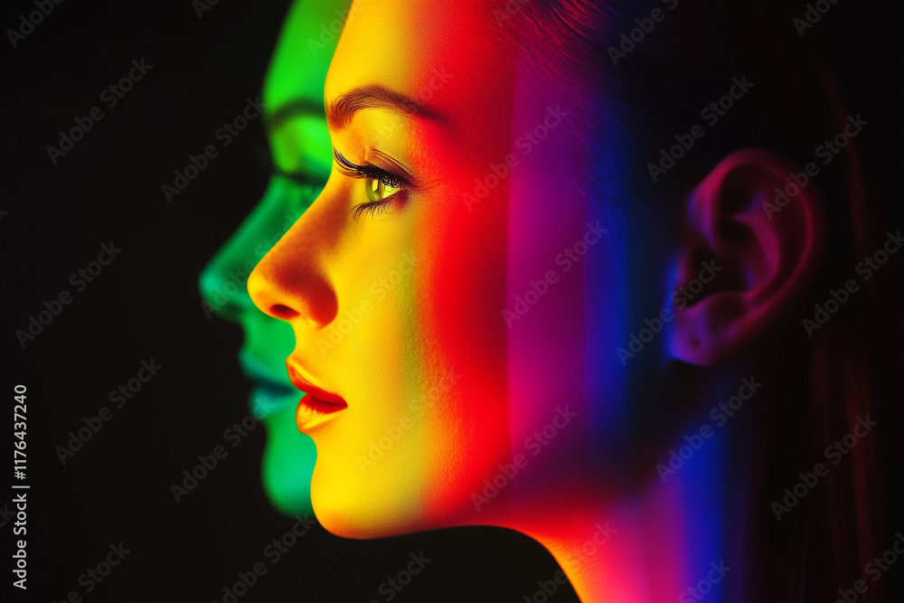 Woman with raibow color on face. Generative Ai. LGBTQ transgender symbol and rainbow background.
Woman with raibow color on face. Generative Ai. LGBTQ transgender symbol and rainbow background.