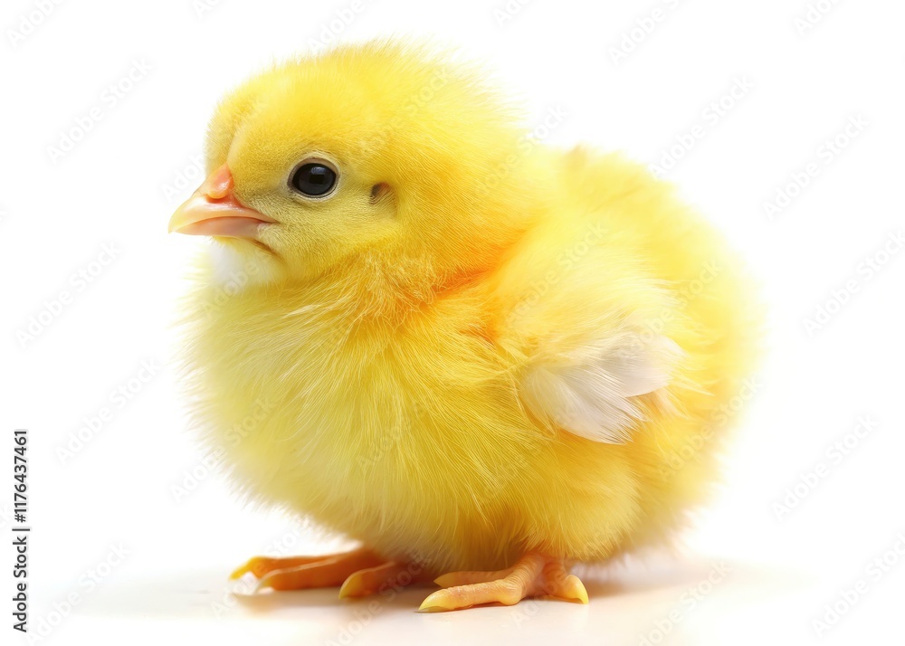 Obraz premium Adorable, isolated spring chick; fluffy yellow feathers, a cute farm animal perfect for Easter.