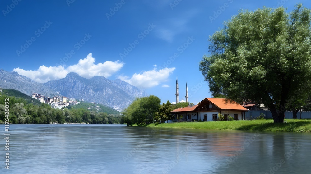 Fototapeta premium Serene Riverfront House Photo: Breathtaking Wide Shot of Tranquil Mountain Landscape. AI Generated