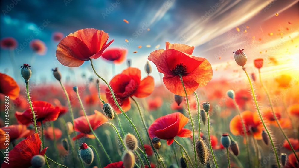 Obraz premium Vibrant Red Poppies Field Double Exposure, Nature Landscape, Summer Flowers, Blooming Poppy, Floral Background