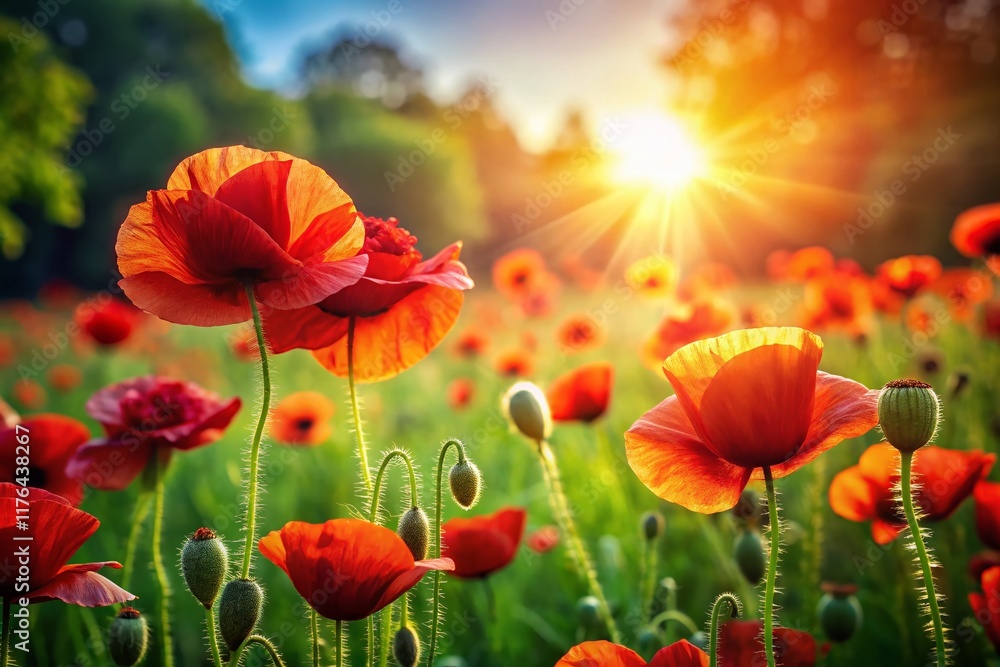 Fototapeta premium Vibrant Red Poppies in a Summer Field - High-Resolution Stock Photo