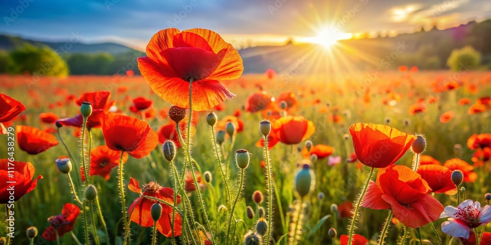 Fototapeta premium Vibrant Red Poppies Blooming in Summer Wildflower Meadow