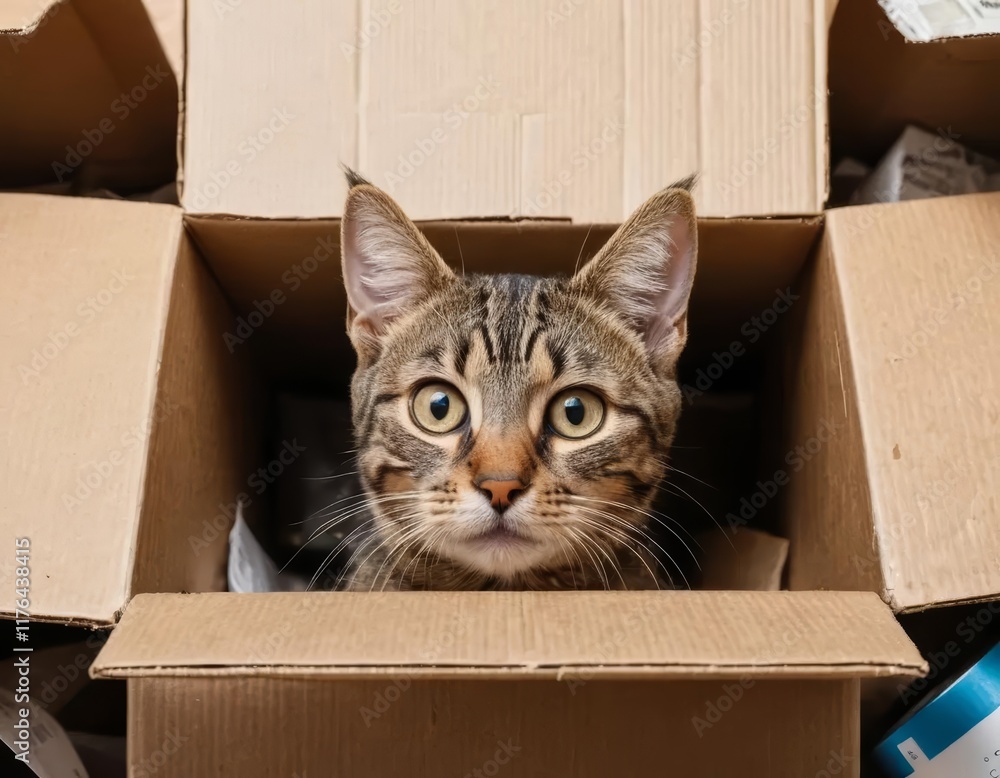 Fototapeta premium Curious Tabby Kitten Hiding in Cardboard Box