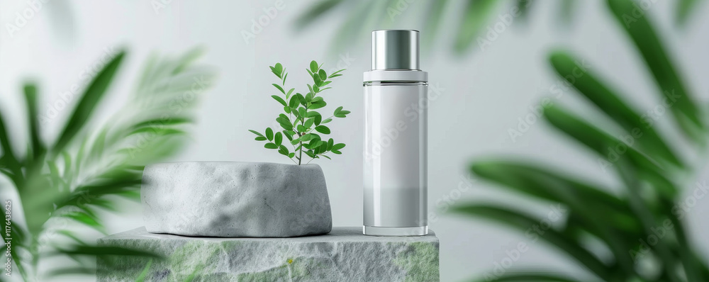 Sleek skincare product mockup displayed among greenery minimalist design studio setting Sleek skincare product mockup displayed among greenery minimalist design studio setting