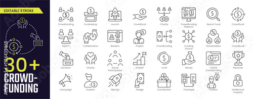 Crowdfunding Stroke icon collections. Containing Crowdfunding, Launch, Crowdfund, QUITY, Collaborative, Growth, Fund Money and Online Crowdfunding icons. Editable Stroke icon collection Outline icon