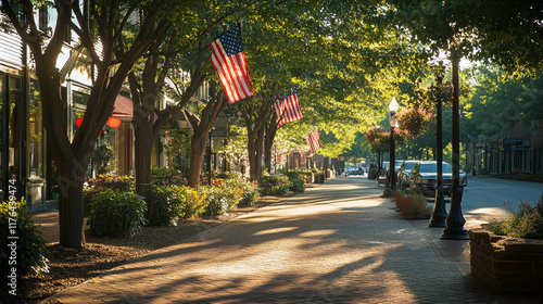 Charming tree-lined street with American flags and warm morning light photo