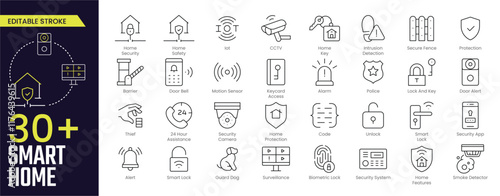 Smart Home Stroke icon collections. Containing alarm, surveillance, lock, CCTV, thief, key, intrusion detection, guard dog and more icons. Editable Stroke icon collection Outline icon