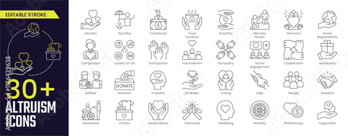 Altruism Stroke icon collections. Containing charity, help, selfless, goodwill, caring, generosity, kindness, empathy, benevolence and more icons. Editable Stroke icon collection Outline icon