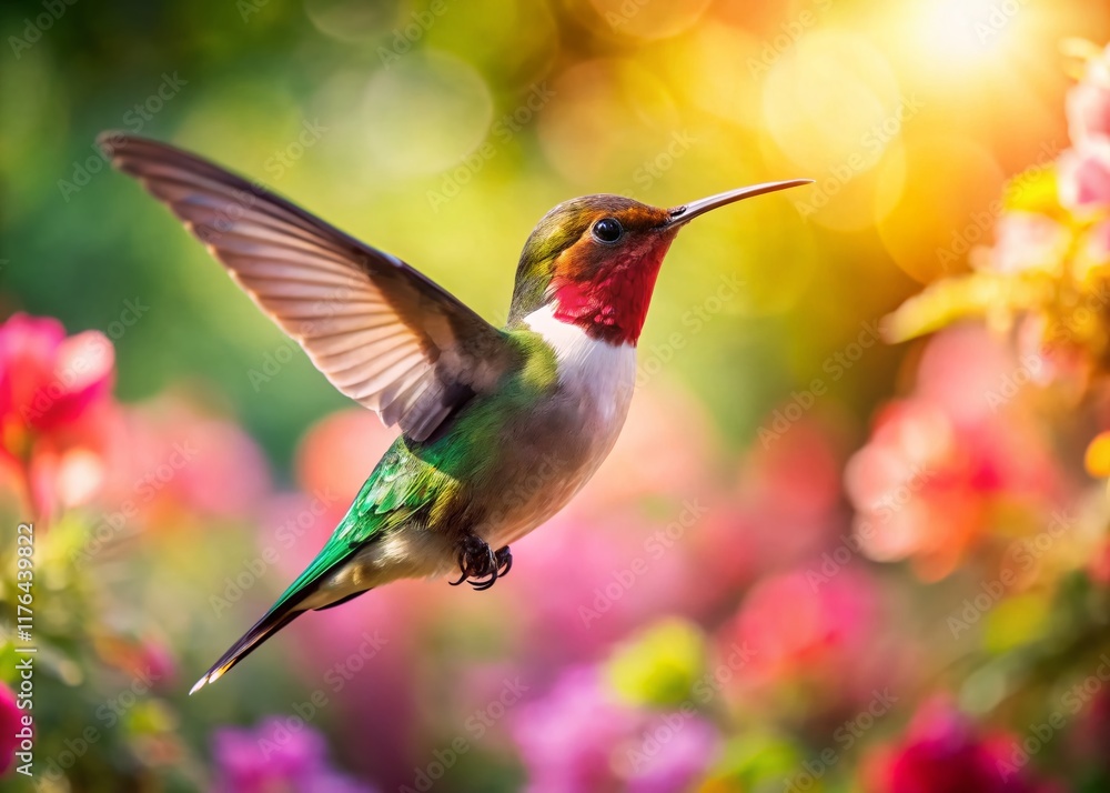 Fototapeta premium Vibrant Ruby-Throated Hummingbird in Flight, Copy Space Left