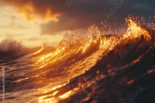 A cinematic capture of waves forming at the shoreline, their crests glowing in the amber sunset light. photo