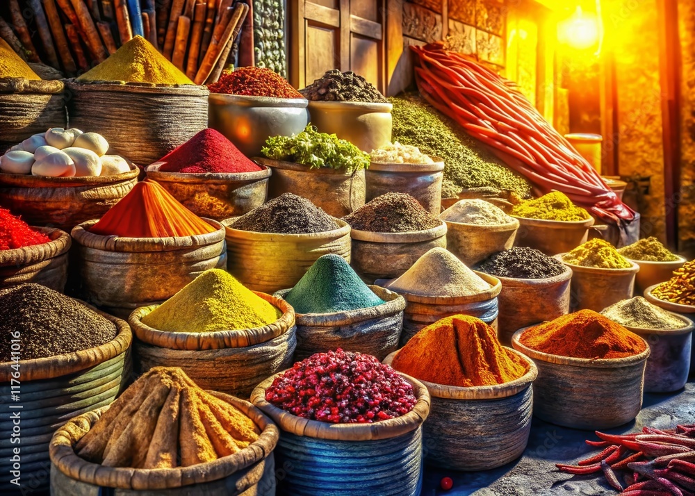 Fototapeta premium Vibrant Spice Market Architecture: Colorful Building Facades & Aromatic Spices