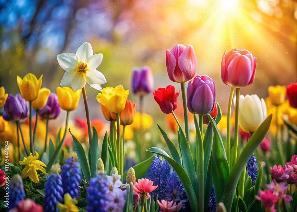 Obraz premium Vibrant Spring Blooms: Tulips, Daffodils & Hyacinths in Bokeh Garden