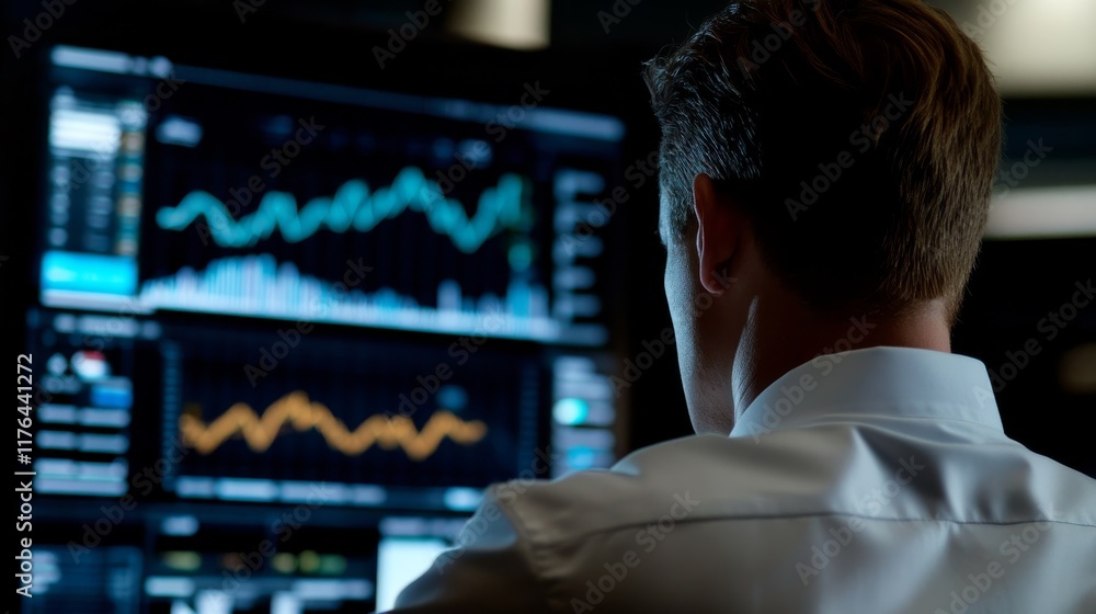 A professional analyzing data on a screen, showcasing graphs and charts in a dimly lit environment. A professional analyzing data on a screen, showcasing graphs and charts in a dimly lit environment.