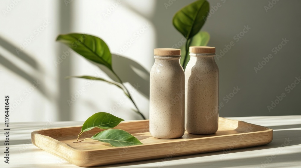 two bottles on a tray with a plant in the background two bottles on a tray with a plant in the background