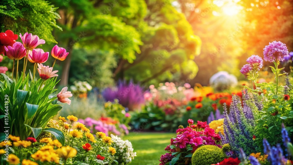 Fototapeta premium Vibrant Spring Garden Wallpaper: Blooming Flowers & Lush Greenery