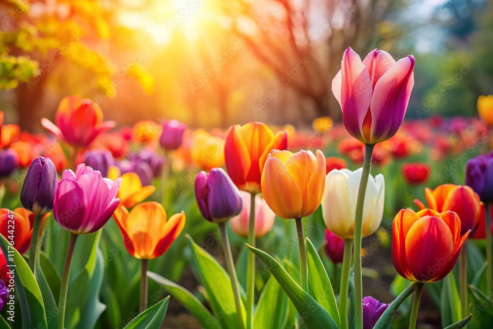 Vibrant Spring Tulips Blooming in Garden - Colorful Flower Field Vibrant Spring Tulips Blooming in Garden - Colorful Flower Field