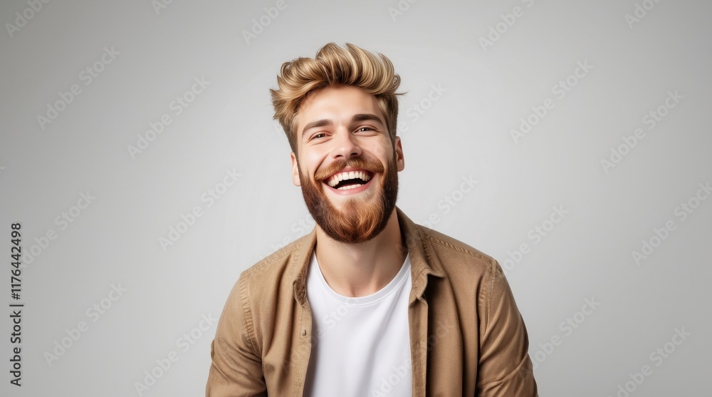 Naklejka premium Positive and joyful Man laughing. Happy smiling young beauty man laughing. Portrait Of Young Handsome Man Smiling. Closeup face of smiling casual man. Happy male model.