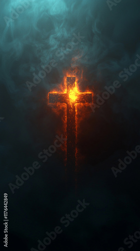 Fiery Cross in Smoky Night Sky   Spiritual  Religious  Hope