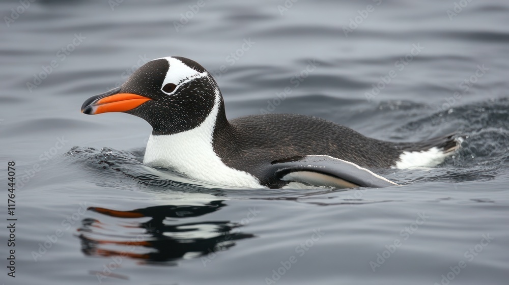 Fototapeta premium A Gentoo penguin swimming in calm waters, showcasing its distinctive features.