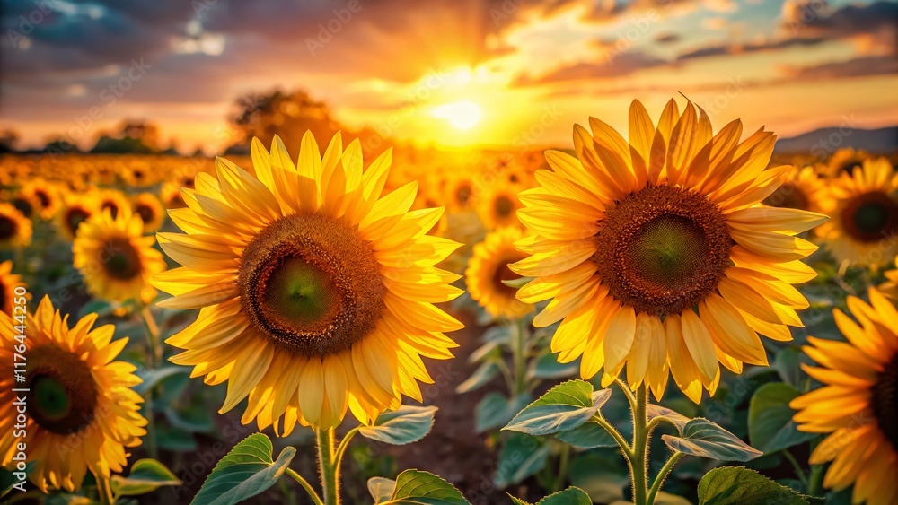 Fototapeta premium Vibrant Sunflowers Blooming in a Summer Field - High-Resolution Stock Photo
