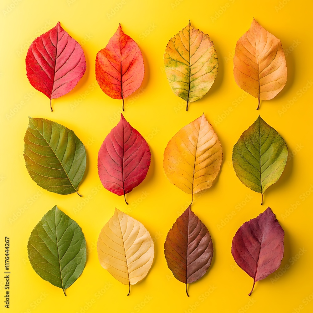 Fototapeta premium Autumn leaves arranged in grid on yellow background.