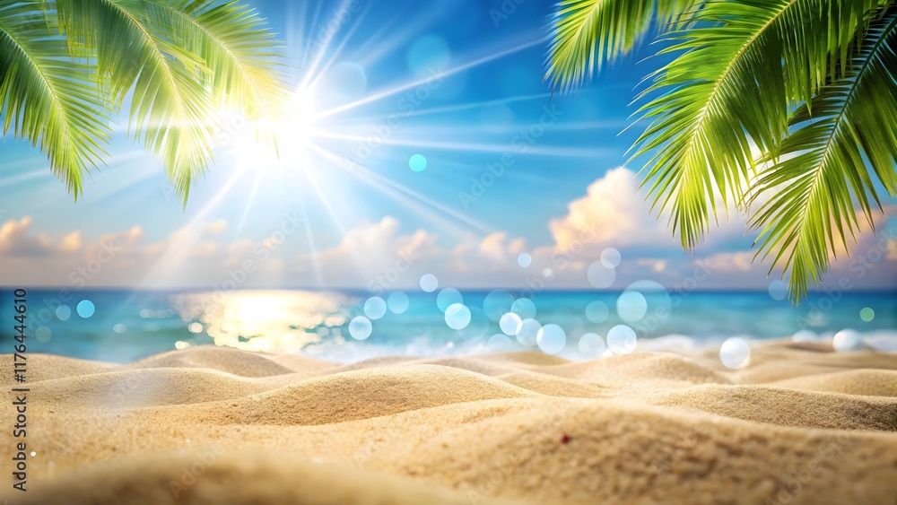 Fototapeta premium summer banner sunny sand with palm leaves in tropical beach