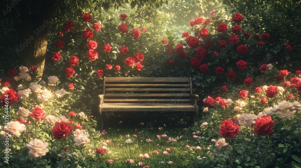 A peaceful garden scene featuring a wooden bench surrounded by vibrant roses in soft sunlight. A peaceful garden scene featuring a wooden bench surrounded by vibrant roses in soft sunlight.