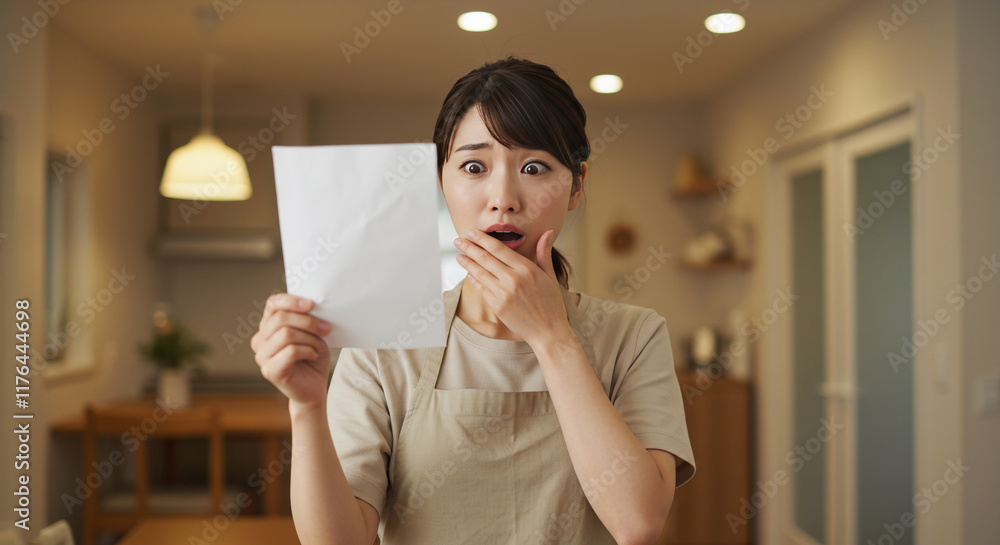 手紙 通知 請求書 答案用紙 を片手に驚愕の表情を浮かべる若い主婦の上半身ポートレート ハッとした表情 Letter, notice, bill, answer sheet in hand, upper body portrait of a young housewife with a startled expression on her face. 手紙 通知 請求書 答案用紙 を片手に驚愕の表情を浮かべる若い主婦の上半身ポートレート ハッとした表情 Letter, notice, bill, answer sheet in hand, upper body portrait of a young housewife with a startled expression on her face.