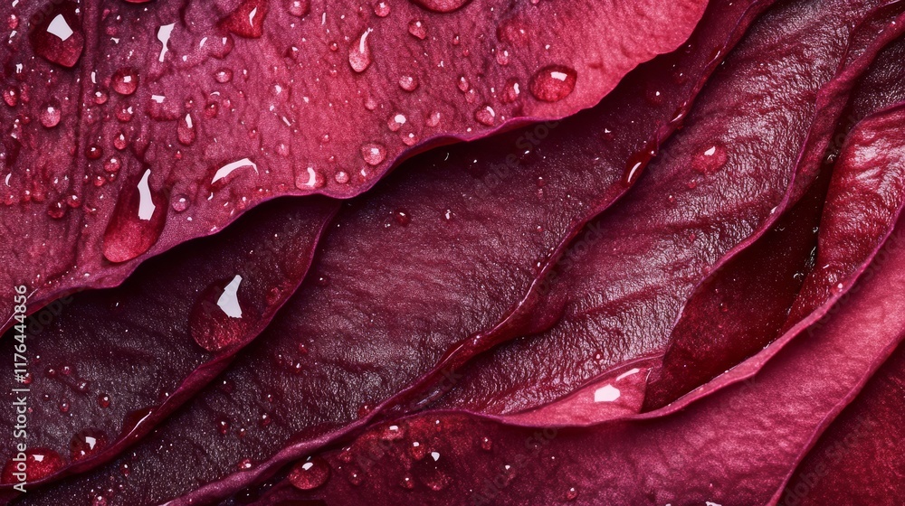 Fototapeta premium Close-up of velvety red rose petals adorned with droplets of water, showcasing rich textures and vibrant colors.