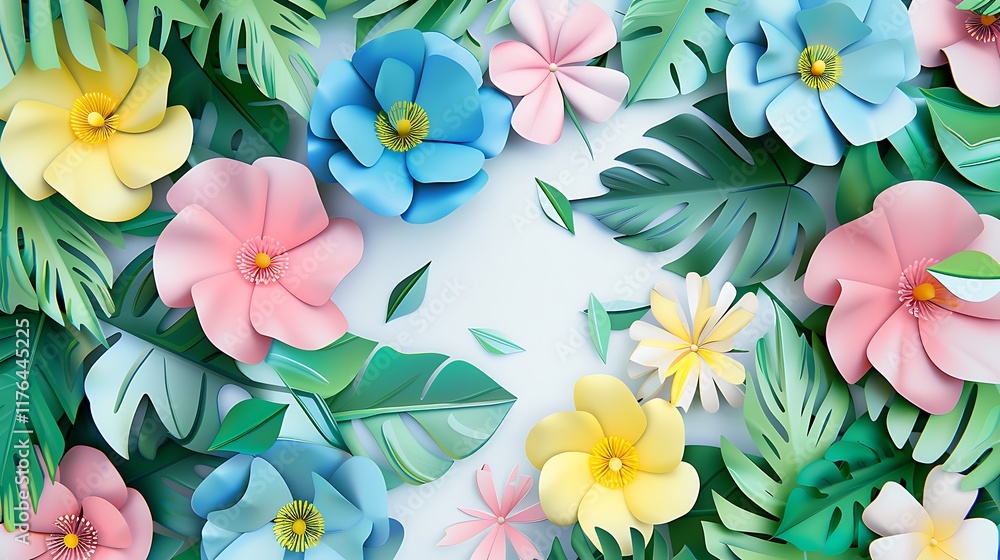 Obraz premium A minimalist 3D paper-cut illustration of blooming flowers in pink, blue, yellow, and white tones, surrounded by lush green leaves, on a clean white backdrop. 8k UHD, suitable for high-quality 