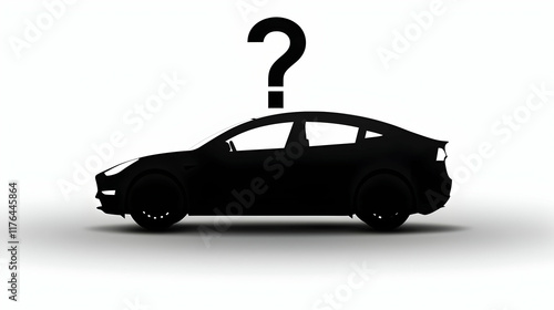 Black silhouette of a car on a white background with a white question mark above it