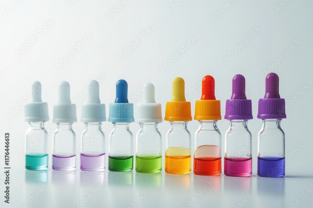 A group of medicine droppers with colorful rubber tops lined up in ascending size order. A group of medicine droppers with colorful rubber tops lined up in ascending size order.