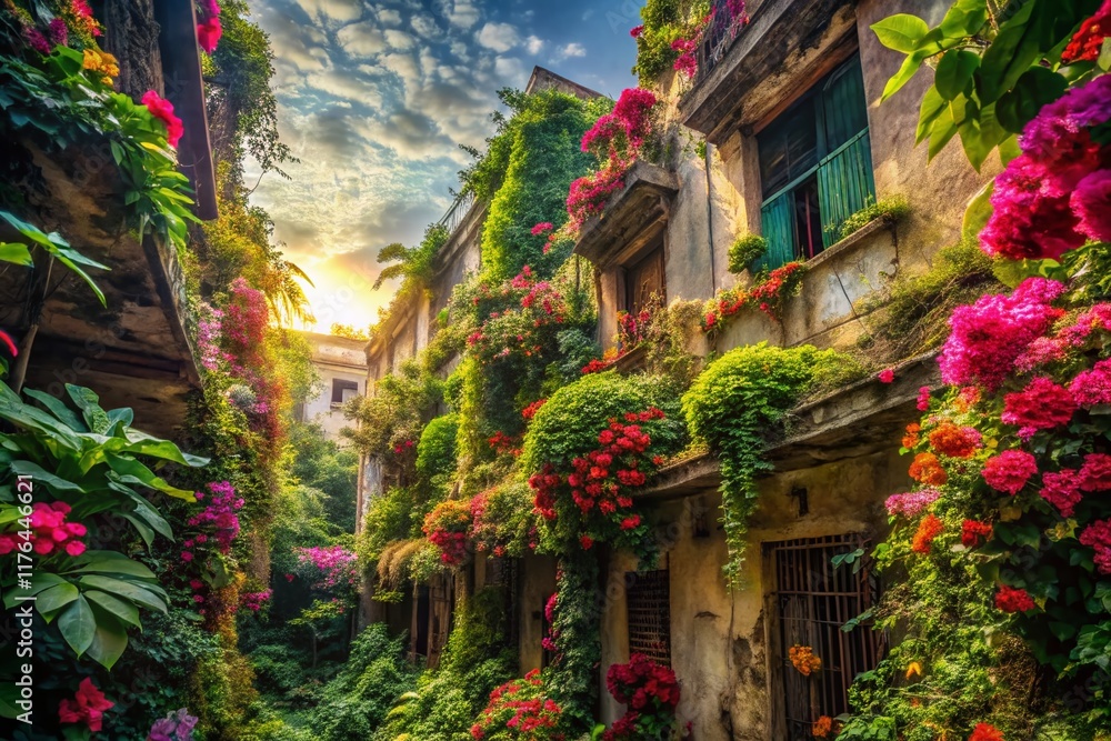 Obraz premium Vibrant Tropical Flowers Urban Exploration Background Stock Photo