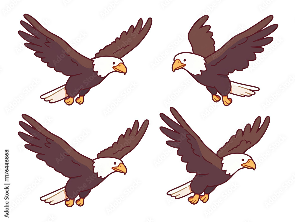 Fototapeta premium Four Bald Eagles in Flight - Cartoon Style Illustration