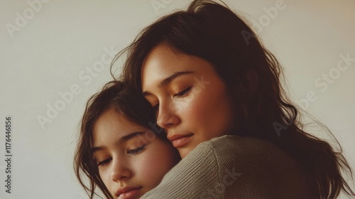 a woman and a child are hugging each other photo