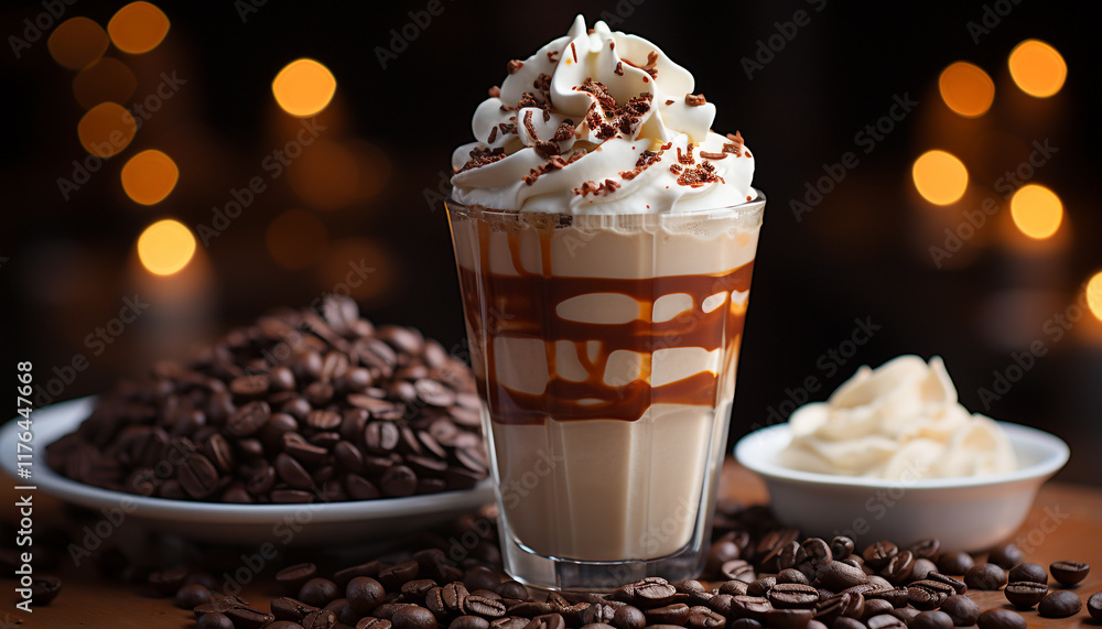 Hot chocolate with whipped cream and chocolate cookie on table Hot chocolate with whipped cream and chocolate cookie on table